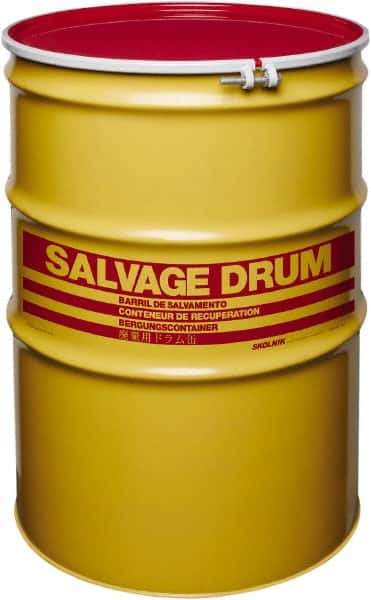 Made in USA - 110 Gallon Yellow with Red Cover Cylindrical Carbon Steel Open Head Drum - 41" High x 30" Diam - Apex Tool & Supply