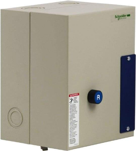 Schneider Electric - 9 Amp, 120 Coil VAC, Reversible Enclosed IEC Motor Starter - 1 Phase Hp: 0.3 at 120 VAC, 1 at 240 VAC, 3 Phase Hp: 2 at 208 VAC, 2 at 230 VAC, 5 at 460 VAC, 7.5 at 575 VAC - Apex Tool & Supply