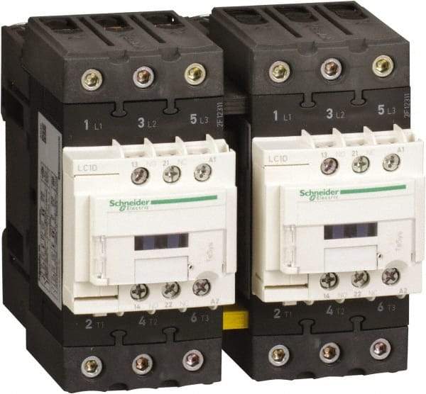 Schneider Electric - 3 Pole, 120 Coil VAC at 50 Hz and 120 Coil VAC at 60 Hz, 40 Amp, IEC Contactor - 1 Phase hp: 3 hp (115), 5 hp (230/240), 3 Phase hp: 10 hp (200/208), 10 hp (230/240), 30 hp (460/480), 30 hp (575/600) - Apex Tool & Supply