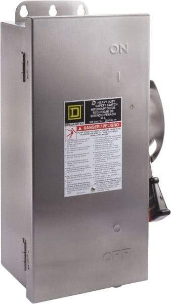 Square D - 60 Amp, 240 VAC, 250 VDC, 2 Pole Fused Safety Switch - NEMA 12, 3, 3R, 4 & 4X, 10 hp at 240 VAC, 10 hp at 250 VDC (Single Phase), 15 hp at 240 VAC, 10 hp at 250 VDC (Triple Phase), DPST Contact Form - Apex Tool & Supply