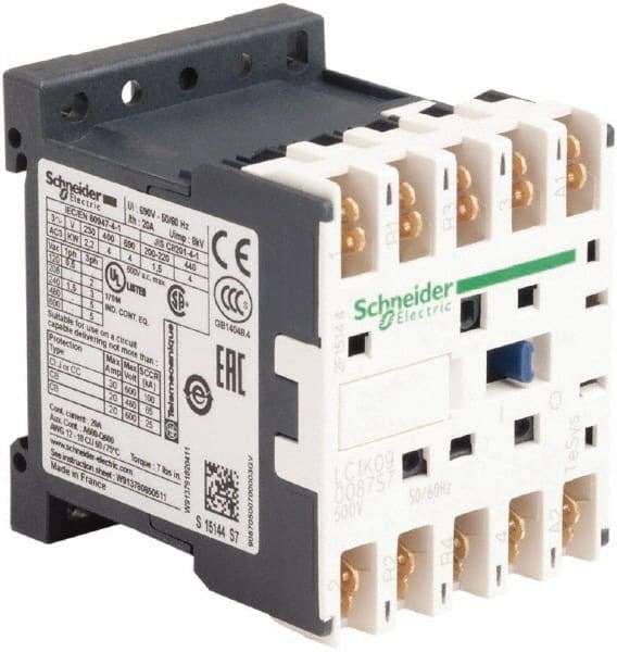 Schneider Electric - 4 Pole, 500 Coil VAC at 50/60 Hz, 16 Amp at 690 VAC and 20 Amp at 440 VAC, Nonreversible IEC Contactor - BS 5424, CSA, IEC 60947, NF C 63-110, RoHS Compliant, UL Listed, VDE 0660 - Apex Tool & Supply