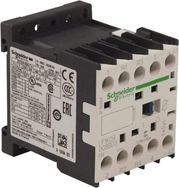 Schneider Electric - 4 Pole, 24 Coil VDC, 16 Amp at 690 VAC and 20 Amp at 440 VAC, Nonreversible IEC Contactor - BS 5424, CSA, IEC 60947, NF C 63-110, RoHS Compliant, UL Listed, VDE 0660 - Apex Tool & Supply