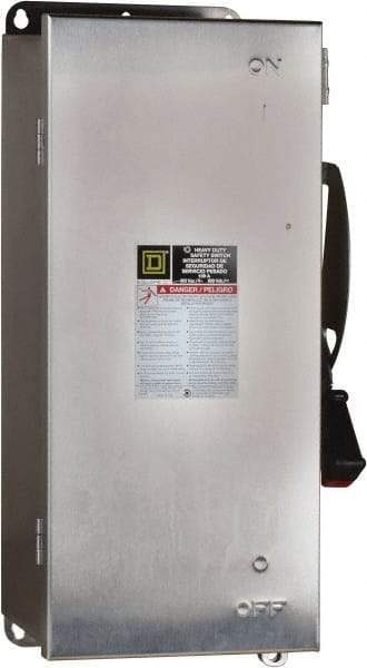 Square D - 100 Amp, 240 VAC, 250 VDC, 2 Pole Fused Safety Switch - NEMA 12, 3, 3R, 4 & 4X, 15 hp at 240 VAC, 20 hp at 250 VDC (Single Phase), 30 hp at 240 Vac, 20 hp at 250 VDC (Triple Phase), DPST Contact Form - Apex Tool & Supply
