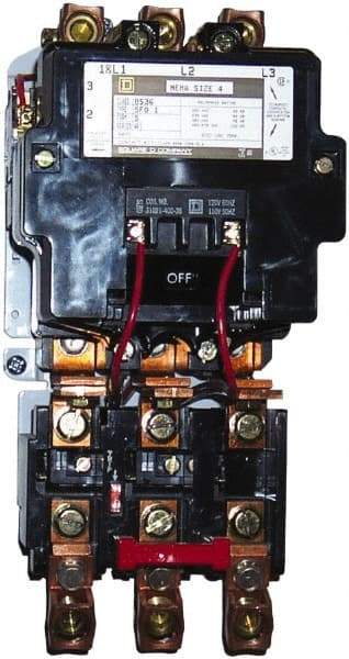 Square D - 208 Coil VAC at 60 Hz, 135 Amp, NEMA Size 4, Nonreversible Open Enclosure NEMA Motor Starter - 3 Phase hp: 100 at 460 VAC, 100 at 575 VAC, 40 at 200 VAC, 50 at 230 VAC - Apex Tool & Supply