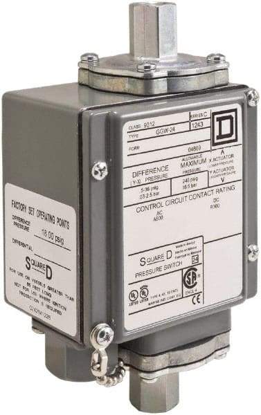 Square D - 4, 13 and 4X NEMA Rated, DPDT, 500 psi, Electromechanical Pressure and Level Switch - Adjustable Pressure, 120 VAC at 6 Amp, 240 VAC at 3 Amp, 250 VDC at 0.11 Amp, 1/4 Inch Connector, Screw Terminal, For Use with 9012G - Apex Tool & Supply