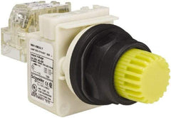 Schneider Electric - 1.22 Inch Mount Hole, Extended Straight, Pushbutton Switch with Contact Block - Round, Yellow Pushbutton, Illuminated, Momentary (MO), Anticorrosive, Dusttight, Oiltight, Watertight and Shock and Vibration Resistant - Apex Tool & Supply