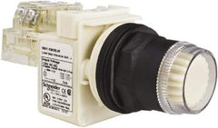 Schneider Electric - 1.22 Inch Mount Hole, Flush, Pushbutton Switch with Contact Block - Round, White Pushbutton, Illuminated, Momentary (MO), Anticorrosive, Dusttight, Oiltight, Watertight and Shock and Vibration Resistant - Apex Tool & Supply