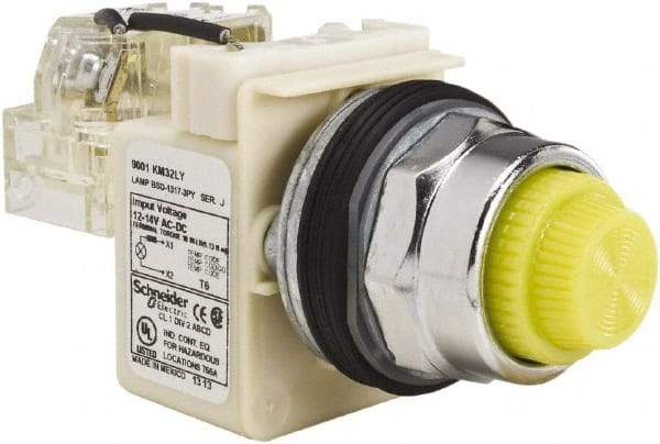 Schneider Electric - 12-14 VAC/VDC Yellow Lens LED Push-to-Test Pilot Light - Fresnel/Round Lens, Screw Clamp Connector, 104mm OAL x 54mm Wide, Dust-tight, Oiltight, Shock Resistant, Vibration Resistant, Watertight - Apex Tool & Supply