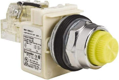 Schneider Electric - 12-14 VAC/VDC Yellow Lens LED Push-to-Test Pilot Light - Fresnel/Round Lens, Screw Clamp Connector, 104mm OAL x 54mm Wide, Dust-tight, Oiltight, Shock Resistant, Vibration Resistant, Watertight - Apex Tool & Supply