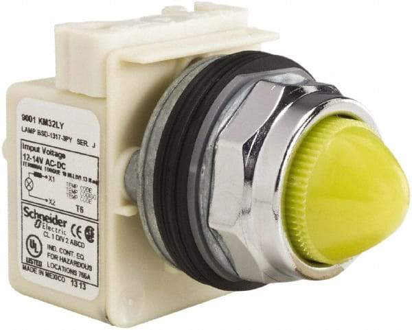 Schneider Electric - 12-14 VAC/VDC Yellow Lens LED Pilot Light - Domed/Round Lens, Screw Clamp Connector, 69.98mm OAL x 54mm Wide, Dust-tight, Oiltight, Shock Resistant, Vibration Resistant, Watertight - Apex Tool & Supply
