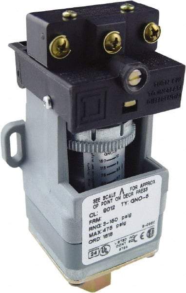 Square D - SPDT, 3 to 150 psi, Electromechanical Pressure and Level Switch - Adjustable Pressure, 120 VAC at 6 Amp, 125 VDC at 0.22 Amp, 240 VAC at 3 Amp, 250 VDC at 0.27 Amp, 1/4 Inch Connector, Screw Terminal, For Use with 9012G - Apex Tool & Supply