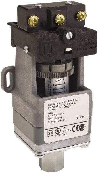 Square D - SPDT, 5 to 250 psi, Electromechanical Pressure and Level Switch - Adjustable Pressure, 120 VAC at 6 Amp, 125 VDC at 0.22 Amp, 240 VAC at 3 Amp, 250 VDC at 0.27 Amp, 1/4 Inch Connector, Screw Terminal, For Use with 9012G - Apex Tool & Supply