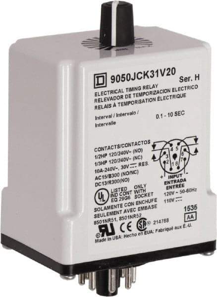 Square D - DPDT Time Delay Relay - 10 Contact Amp, 110 VDC & 120 VAC - Apex Tool & Supply