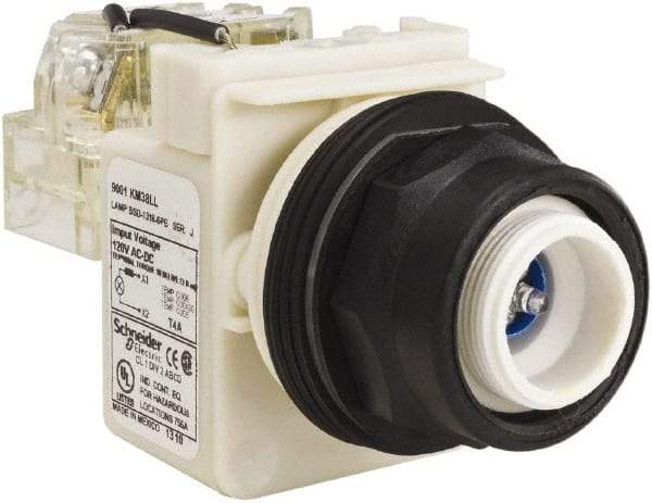 Schneider Electric - 120 V Blue Lens LED Pilot Light - Round Lens, Screw Clamp Connector, 54mm OAL x 42mm Wide, Vibration Resistant - Apex Tool & Supply