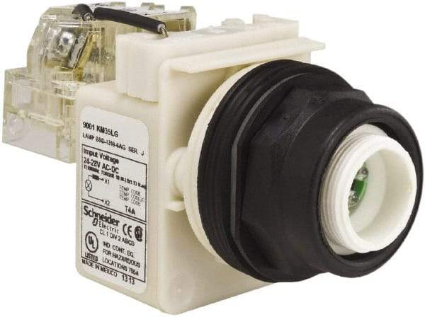 Schneider Electric - 28 V Green Lens LED Pilot Light - Round Lens, Screw Clamp Connector, 54mm OAL x 42mm Wide, Vibration Resistant - Apex Tool & Supply