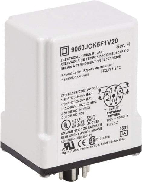 Square D - DPDT Time Delay Relay - 10 Contact Amp, 110 VDC & 120 VAC - Apex Tool & Supply