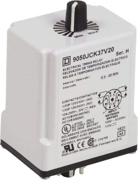 Square D - 0.3 to 30 min Delay, DPDT Time Delay Relay - 10 Contact Amp, 110 VDC & 120 VAC - Apex Tool & Supply