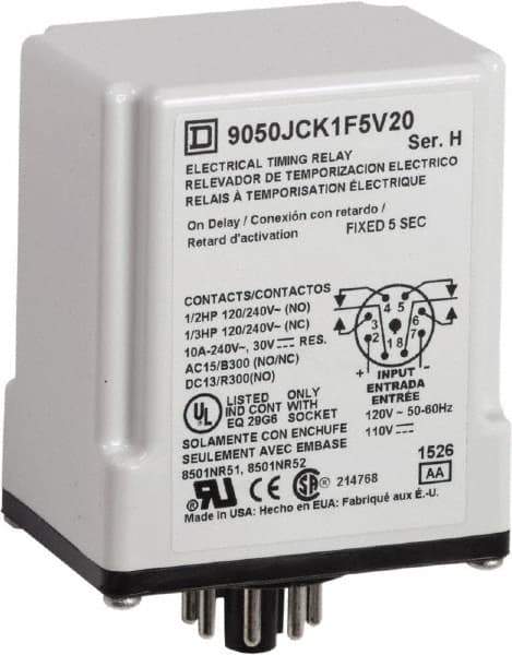 Square D - DPDT Time Delay Relay - 10 Contact Amp, 110 VDC & 120 VAC - Apex Tool & Supply