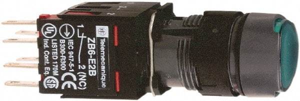 Schneider Electric - 16mm Mount Hole, Flush, Pushbutton Switch with Contact Block - Round, Green Pushbutton, Illuminated, Momentary (MO) - Apex Tool & Supply