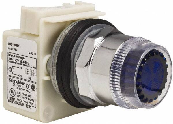 Schneider Electric - 1.18 Inch Mount Hole, Extended Straight, Pushbutton Switch Only - Round, Blue Pushbutton, Illuminated, Momentary (MO), Weatherproof, Dust and Oil Resistant - Apex Tool & Supply