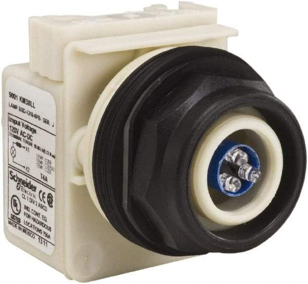 Schneider Electric - 120 V Blue Lens LED Pilot Light - Round Lens, Screw Clamp Connector, 54mm OAL x 42mm Wide, Vibration Resistant - Apex Tool & Supply