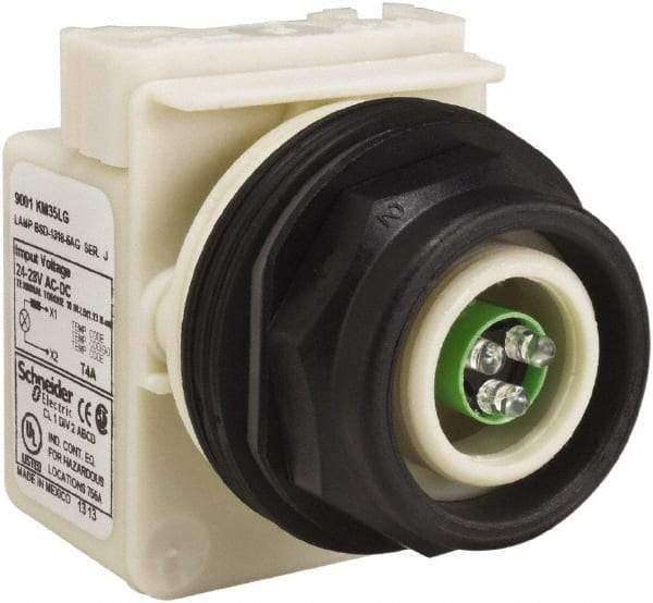 Schneider Electric - 28 V Green Lens LED Pilot Light - Round Lens, Screw Clamp Connector, 54mm OAL x 42mm Wide, Vibration Resistant - Apex Tool & Supply