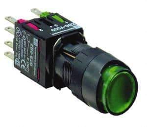 Schneider Electric - 16mm Mount Hole, Extended Straight, Pushbutton Switch with Contact Block - Round, Green Pushbutton, Illuminated, Momentary (MO) - Apex Tool & Supply