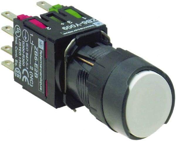 Schneider Electric - 16mm Mount Hole, Flush, Pushbutton Switch with Contact Block - Round, White Pushbutton, Nonilluminated, Momentary (MO), Anticorrosive, Dusttight, Watertight and Shock and Vibration Resistant - Apex Tool & Supply