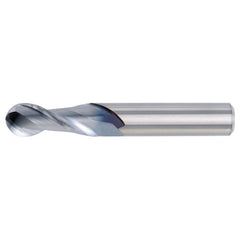 1/2″ Dia. × 1/2″ Shank × 1″ DOC × 3″ OAL, Carbide Uncoated, 2 Flute, CW|37° Helix, Round, Ballnose End Mill - Exact Industrial Supply
