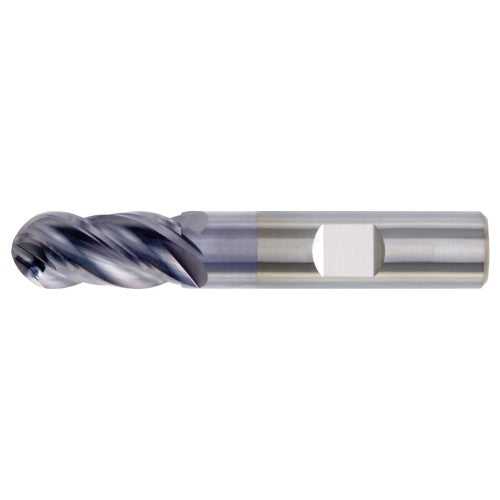 1/8″ Dia. × 1/8″ Shank × 1/2″ DOC × 2″ OAL, Carbide TiAlN, Unequal Flute Spacing , 4 Flute, CW|38° Helix, Round, Ballnose End Mill - Exact Industrial Supply