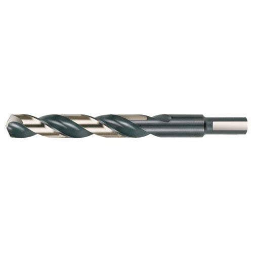27/64 RHS / RHC HSS 135 Degree Split Point 3/8″ Reduced Shank Heavy Duty Jobber Length Drill - Black & Gold - Exact Industrial Supply