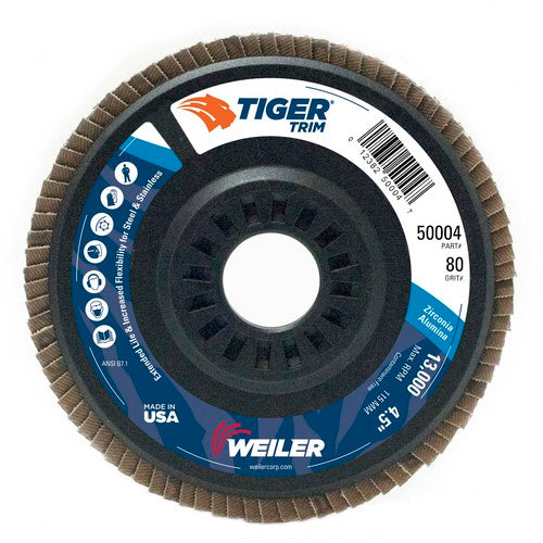 4-1/2″ Tiger Disc Abrasive Flap Disc, Angled, Trimmable Backing, 80Z, 7/8″ Arbor Hole - Apex Tool & Supply