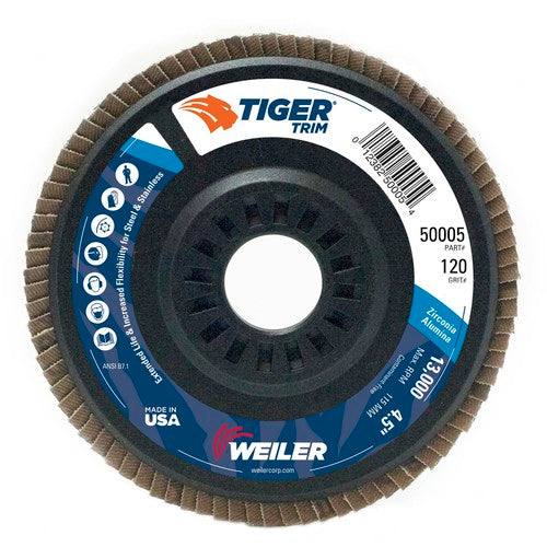 4-1/2″ Tiger Disc Abrasive Flap Disc, Angled, Trimmable Backing, 120Z, 7/8″ Arbor Hole - Apex Tool & Supply