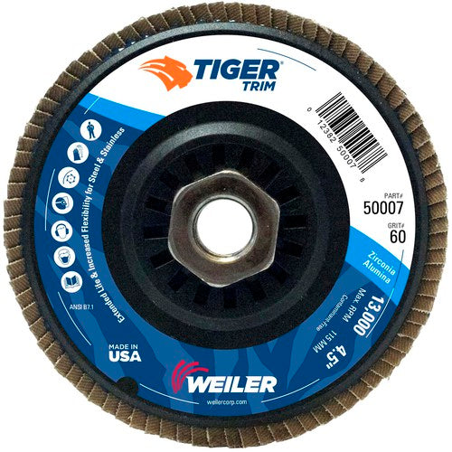 4-1/2″ Tiger Disc Abrasive Flap Disc, Angled, Trimmable Backing, 60Z, 5/8″-11 UNC Nut - Apex Tool & Supply