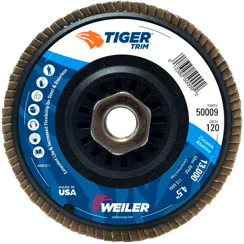 4-1/2″ Tiger Disc Abrasive Flap Disc, Angled, Trimmable Backing, 120Z, 5/8″-11 UNC Nut - Apex Tool & Supply