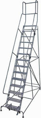 Cotterman - 182" 14 Step Rolling Warehouse Ladder - Rolling Safety Ladder, 450 Lb Capacity, 140" Platform Height, 42" Base Width x 101" Base Depth, Expanded Metal Tread - Apex Tool & Supply