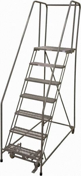 Cotterman - 100" 7 Step Rolling Warehouse Ladder - Rolling Safety Ladder, 450 Lb Capacity, 70" Platform Height, 30" Base Width x 63" Base Depth, Expanded Metal Tread - Apex Tool & Supply