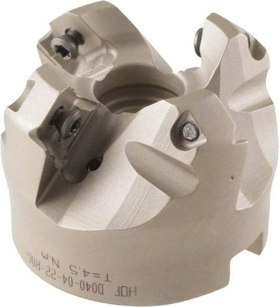 Iscar - 49.4, 50.7, 52.1mm Cut Diam, 22mm Arbor Hole, 8mm Max Depth of Cut, 42° Indexable Chamfer & Angle Face Mill - 4 Inserts, OE.. 060405\xB6OEMW 060405-AETN\xB6REMT 1505-LM-76 Insert, Right Hand Cut, 4 Flutes, Through Coolant, Series Heliocto - Apex Tool & Supply
