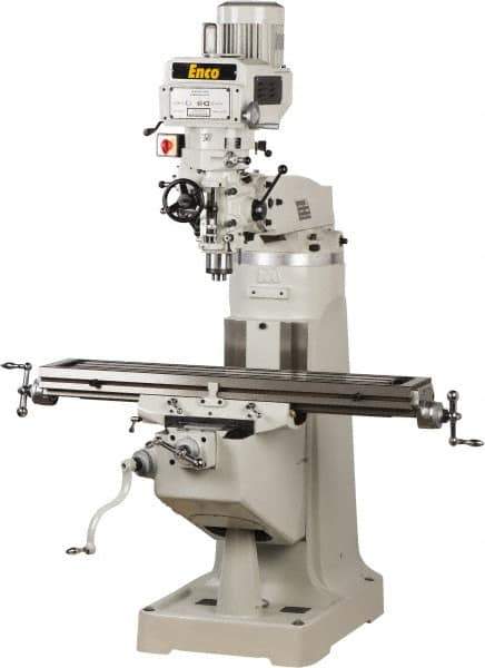 Enco - 9" Table Width x 49" Table Length, Variable Speed Pulley Control, 1 Phase Knee Milling Machine - R8 Spindle Taper, 3 hp - Apex Tool & Supply