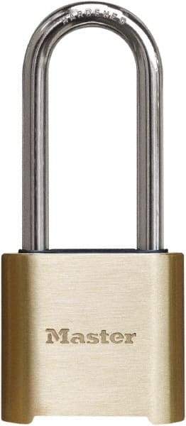 Master Lock - 2" Body Width x 3" Body Height, 2" Shackle Clearance, Brass Finish Combination Lock - 5/16" Shackle Diam, 1" Shackle Width, Set Your Own 4 Digit Combination - Apex Tool & Supply