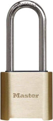 Master Lock - 2" Body Width x 3" Body Height, 2" Shackle Clearance, Brass Finish Combination Lock - 5/16" Shackle Diam, 1" Shackle Width, Set Your Own 4 Digit Combination - Apex Tool & Supply