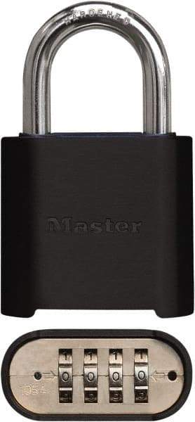 Master Lock - 2" Body Width x 3" Body Height, 1" Shackle Clearance, Powder Coating Combination Lock - 5/16" Shackle Diam, 1" Shackle Width, Set Your Own 4 Digit Combination - Apex Tool & Supply