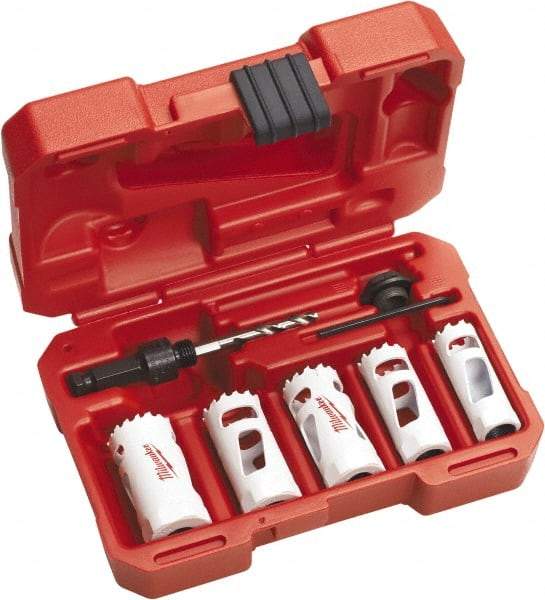 Milwaukee Tool - 7 Piece, 3/4" to 1-1/4" Saw Diam, Automotive Hole Saw Kit - Bi-Metal, Toothed Edge, Includes 5 Hole Saws - Apex Tool & Supply
