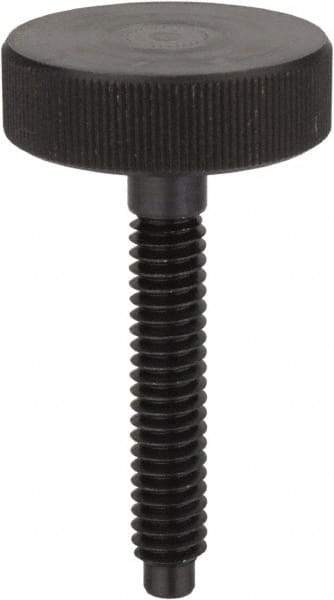Morton Machine Works - M4x0.70 Knurled Shoulderless Dog Point Tip Grade C-12L14 Steel Thumb Screw - 44mm OAL, 19mm Head Diam x 6mm Head Height - Apex Tool & Supply