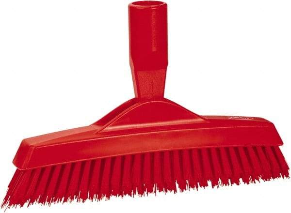 Vikan - 1.6" Bristle Length, Polyester Utility Scrub Brush - 9" Long x 1-1/2" Wide Head, 9-1/4" OAL, European Threaded Handle, Red, Polypropylene Block - Apex Tool & Supply