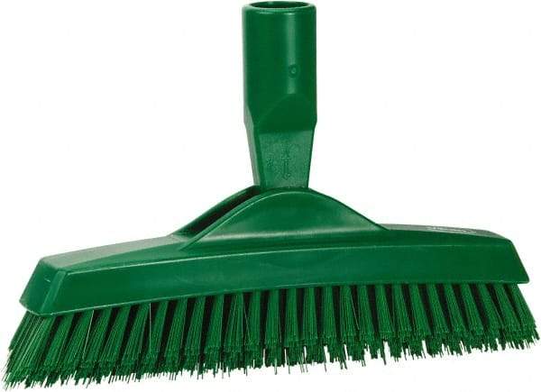 Vikan - 1.6" Bristle Length, Polyester Utility Scrub Brush - 9" Long x 1-1/2" Wide Head, 9-1/4" OAL, European Threaded Handle, Green, Polypropylene Block - Apex Tool & Supply