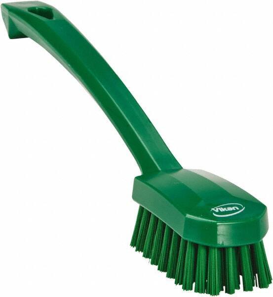 Vikan - 0.8" Bristle Length, Polyester Food Service Brush - 3" Long x 1.6" Wide Head, 10.2" OAL, Ergonomic Handle, Green, Polypropylene Block - Apex Tool & Supply