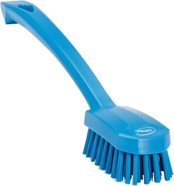 Vikan - 0.8" Bristle Length, Polyester Food Service Brush - 3" Long x 1.6" Wide Head, 10.2" OAL, Ergonomic Handle, Blue, Polypropylene Block - Apex Tool & Supply