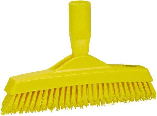 Vikan - 1.6" Bristle Length, Polyester Utility Scrub Brush - 9" Long x 1-1/2" Wide Head, 9-1/4" OAL, European Threaded Handle, Yellow, Polypropylene Block - Apex Tool & Supply