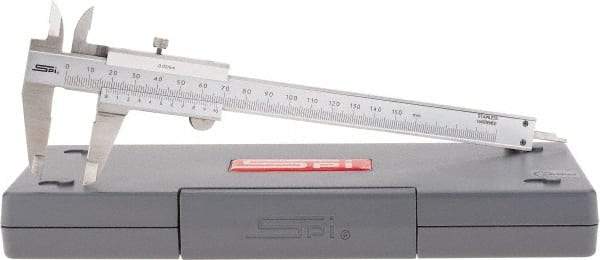 SPI - 0 to 150mm Stainless Steel Vernier Caliper - 0.02mm Graduation, 1.57" Jaw Depth, 0.02" Accuracy, Includes NIST Traceability Certificate - Apex Tool & Supply